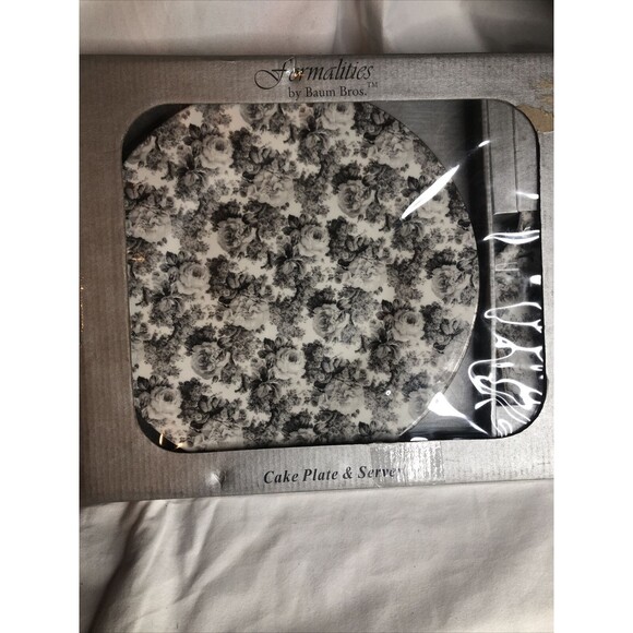Formalities by Baum Bros Cake Plate & Server, White & Black Rose Print Gold Rim - Picture 7 of 9